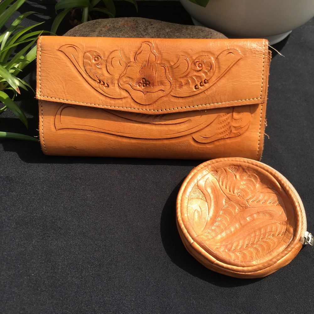 Stamped leather wallet and coin purse.